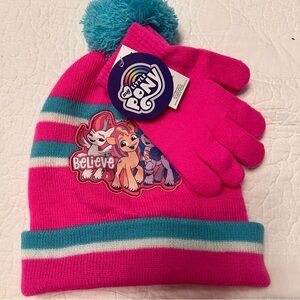 My Little Pony "Believe" Pink Blue Girls OSFM Winter Hat & Glove Set Knit Pom